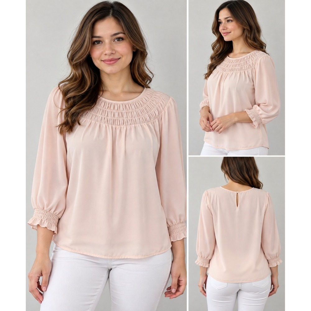 Cooper & Ella Blush Pink Smocked Neck 3/4 Sleeve Blouse Top Medium